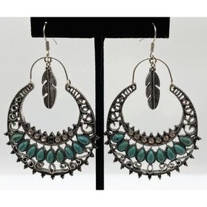 Turquoise Chandelier Earrings with Feather Charm Filigree Boho Silver Tone